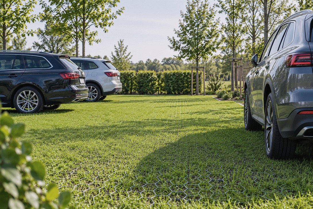 Aparcamiento con rejillas para césped en zonas verdes permeables Coches aparcados sobre una superficie de césped reforzada que combina capacidad de carga, drenaje natural y una apariencia verde.