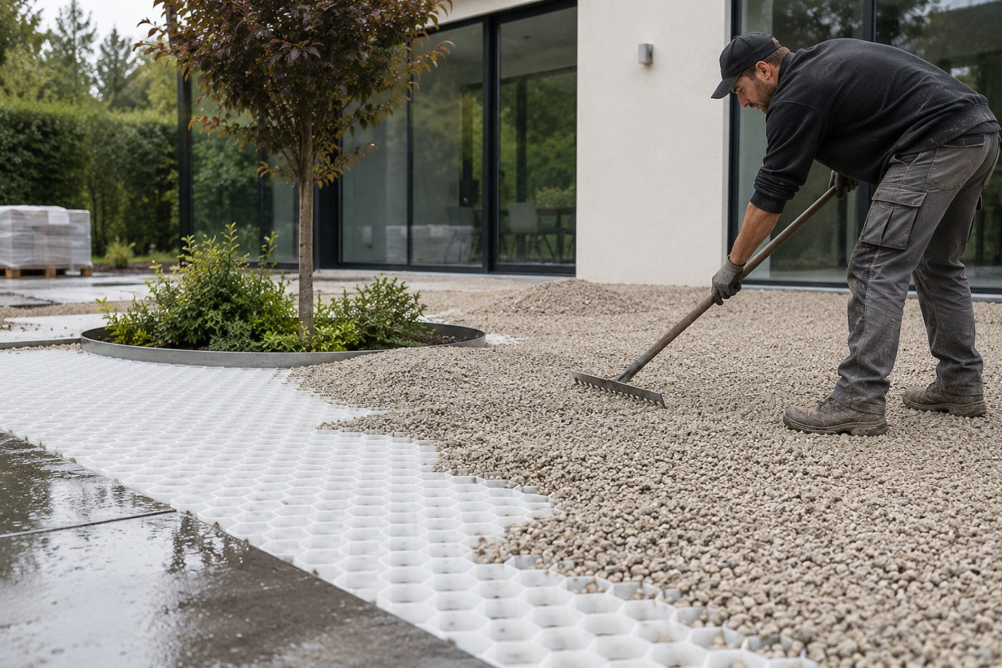 Kiesgitter-Installation für stabile wasserdurchlässige Flächen Ein Monteur befüllt Kiesgitter, um eine stabile, tragfähige und wasserdurchlässige Fläche für Einfahrten, Parkplätze und Außenanlagen zu schaffen.