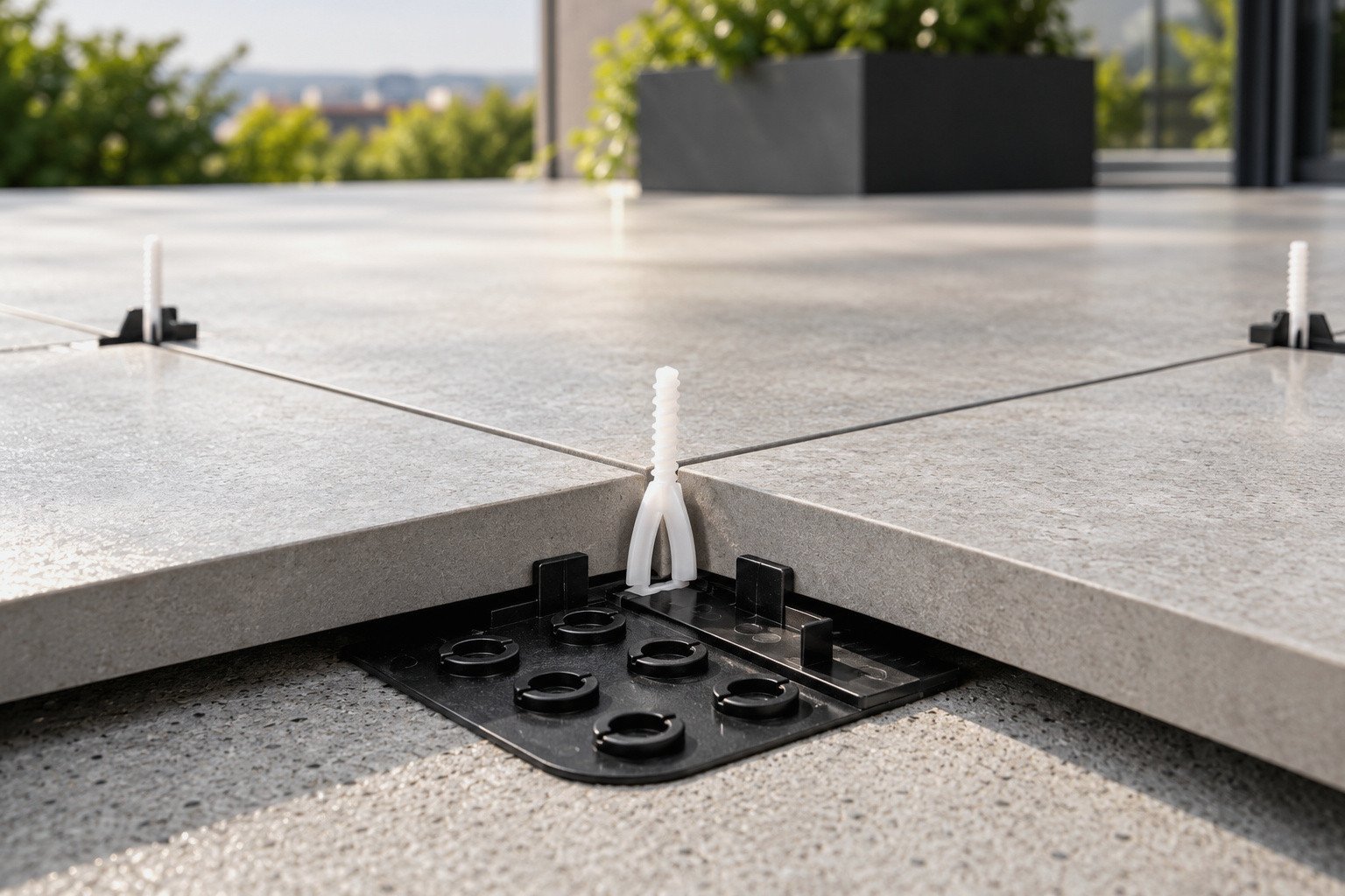 Ebene Terrassenfliesen mit Nivellatoren Nahaufnahme großformatiger Terrassenfliesen auf Nivellierstützen für präzise Fugen und einen ebenen Außenboden.