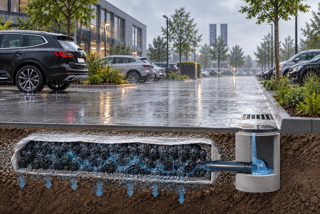 Système souterrain d’infiltration des eaux pluviales pour parkings Les éléments Beaulex créent une capacité tampon souterraine sous les surfaces pavées, permettant à l’eau de pluie de s’infiltrer progressivement dans le sol.