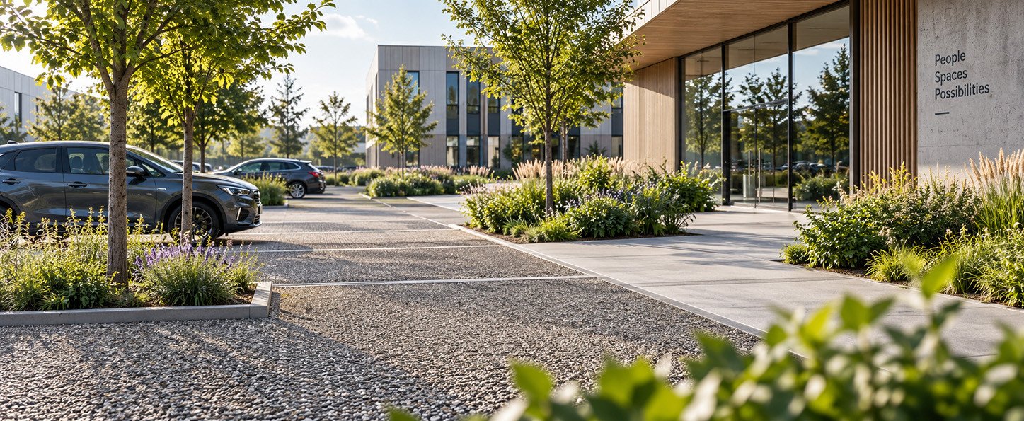 Durable Outdoor Solutions for Modern Construction High-quality landscaped commercial environment combining stable surfacing, greenery and functional outdoor space for modern construction projects.