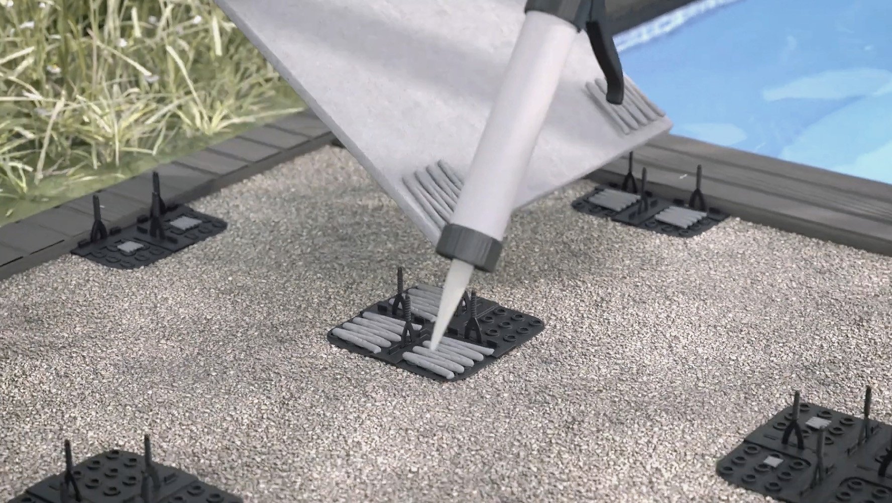 Instalación de baldosas exteriores con soportes de nivelación para mantener un espaciado preciso, una buena alineación y una superficie uniforme.