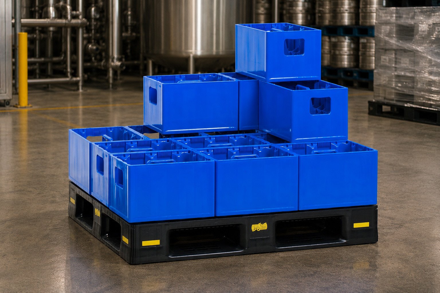 Besides pallets for the beverage market, our offering includes a reusable standard pallet that is suitable for any application. Some of the benefits include a mechanical anti-slip, reinforcerd corners, rubber feet and customized inserts for good visibility.