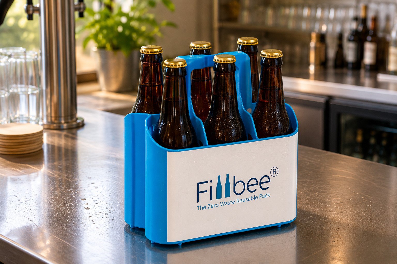This shelf ready mini crate for 6 bottles is ideal to replace one-way 6-packs by a reusable alternative. Fillbee is fully brandable with IML labels and can be stacked on a pallet or fits in the Fillbee crate.
